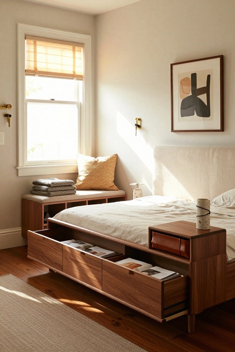 Sunlit bedroom corner with a low walnut platform bed featuring open drawers under the mattress filled with magazines and books, an integrated wooden nightstand, a bench with folded blankets and cubbies, and a window with bamboo shades.