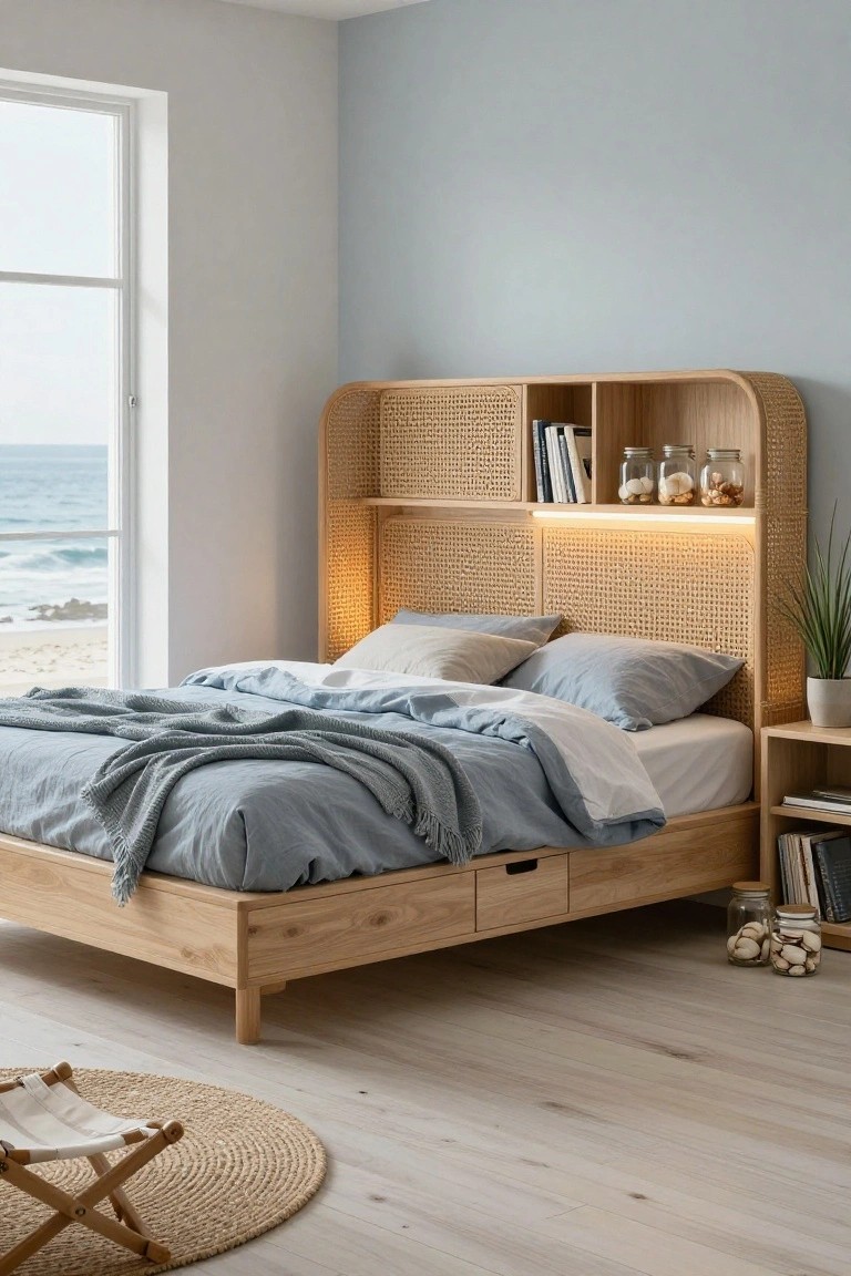 Light oak platform bed with rattan headboard featuring built-in shelves and LED lighting, underbed storage drawers, blue linens, side table with jars, potted plant, and large window overlooking ocean waves.