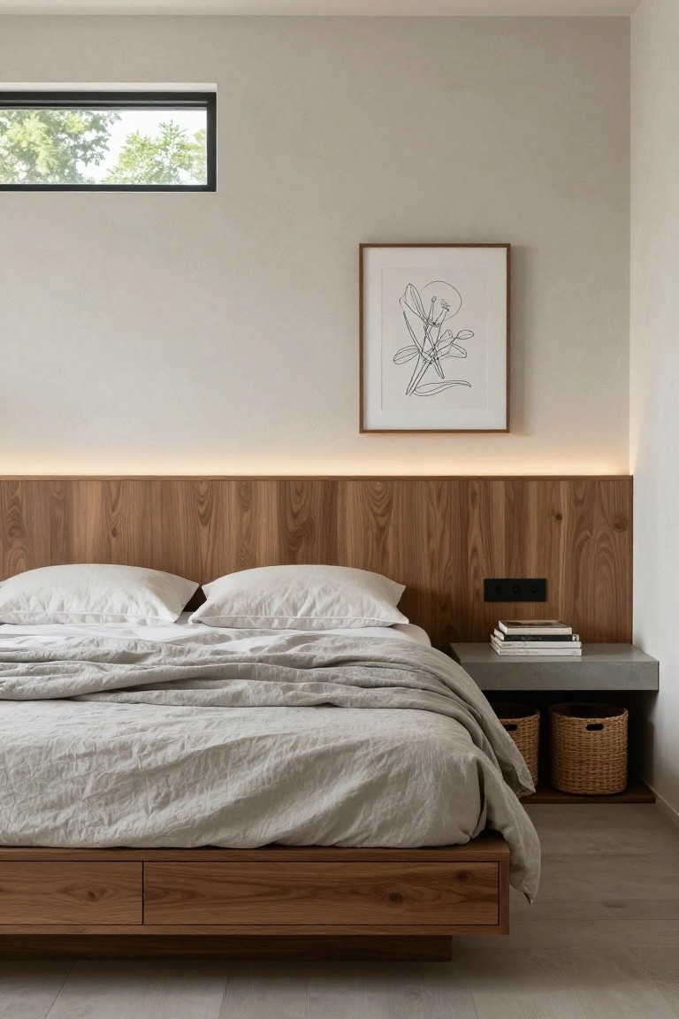 Modern bedroom with low wooden platform bed featuring two pull-out drawers at the base, wooden paneled headboard with LED lighting strip, white linen bedding, concrete nightstand with stacked books, and wicker baskets nearby.