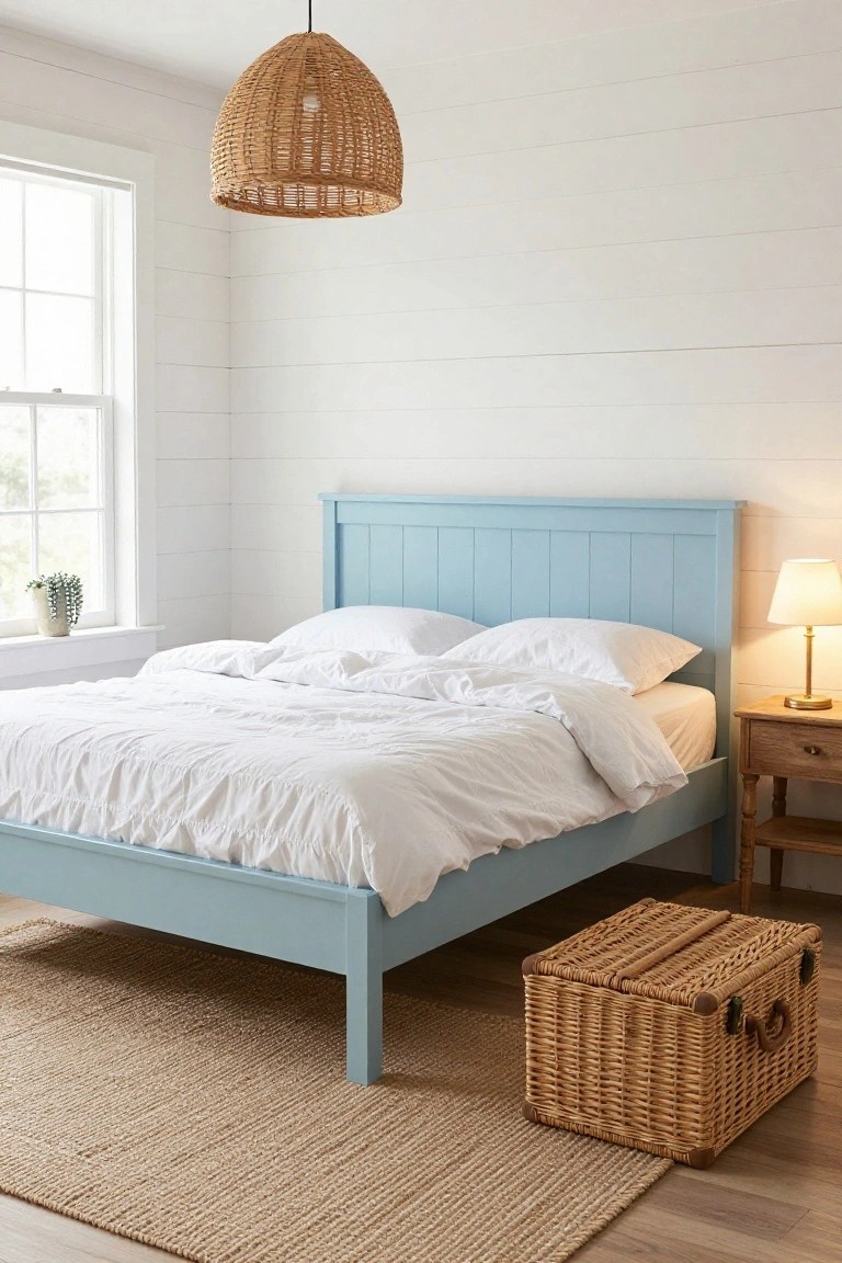 Light blue raised platform bed with white duvet and pillows in a white shiplap bedroom, wicker storage basket underneath the bed, wood nightstand with lamp, potted plant on windowsill, and seagrass rug on wood floor.