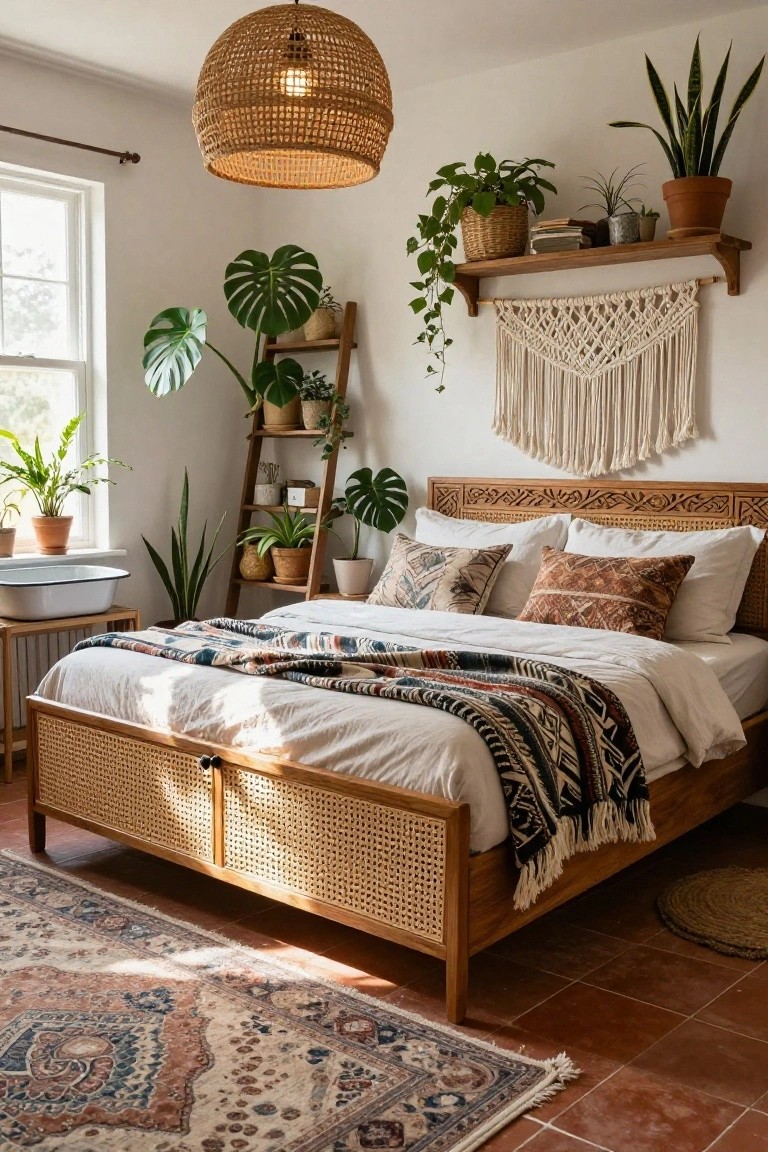 Bedroom interior with rattan bed frame featuring side storage drawers, white bedding with colorful throw, multiple potted plants, woven pendant light, macrame wall hanging, wooden shelves, and patterned rug on terracotta tile floor.