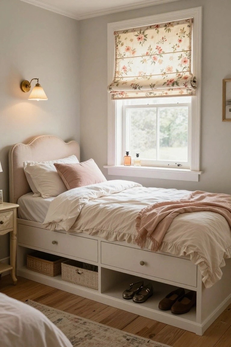 Corner of a light gray bedroom with a beige upholstered bed frame featuring white underbed drawers on one side and open shelving holding wicker baskets and shoes on the other, beside a window with floral roman shade and a wall lamp.