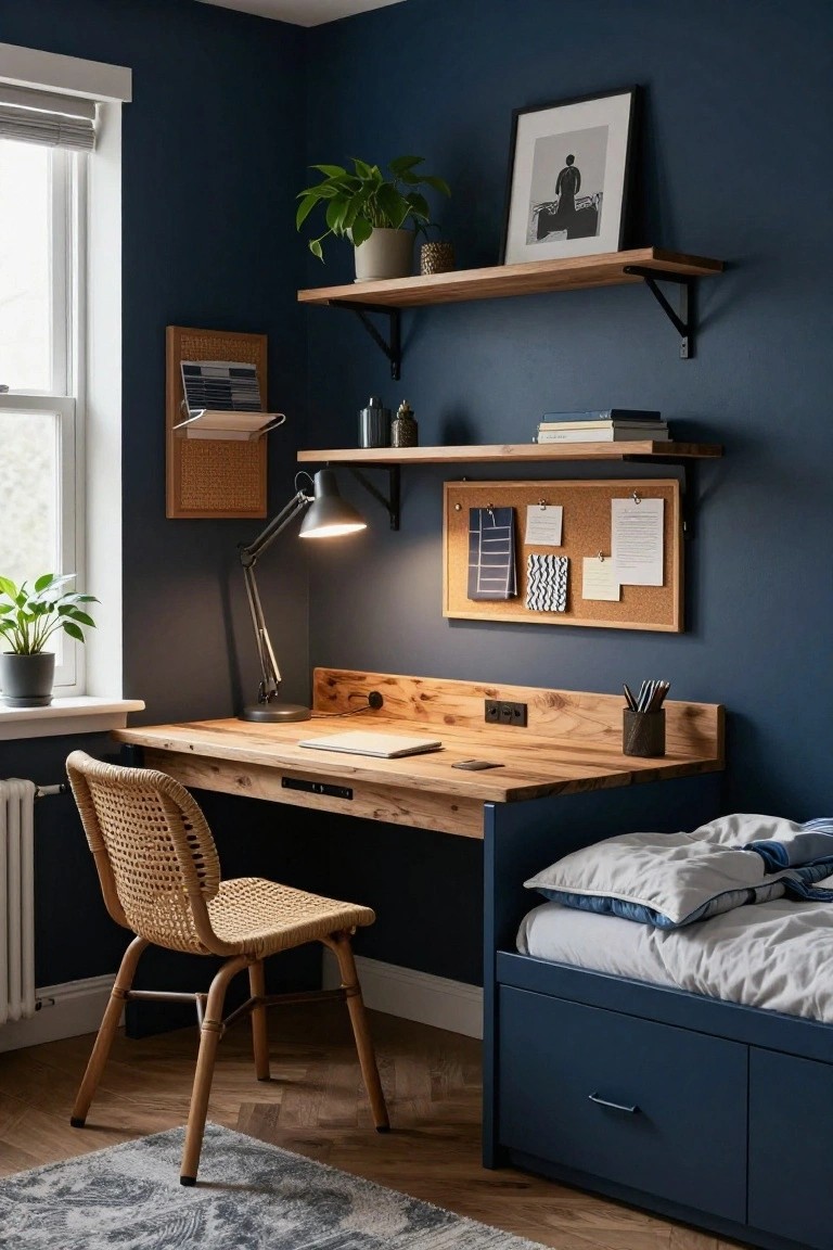 A cozy bedroom with navy blue walls, wooden floating shelves, a corkboard, an oak desk integrated with a navy storage bed frame that has drawers underneath, a rattan chair, plants, and a radiator.