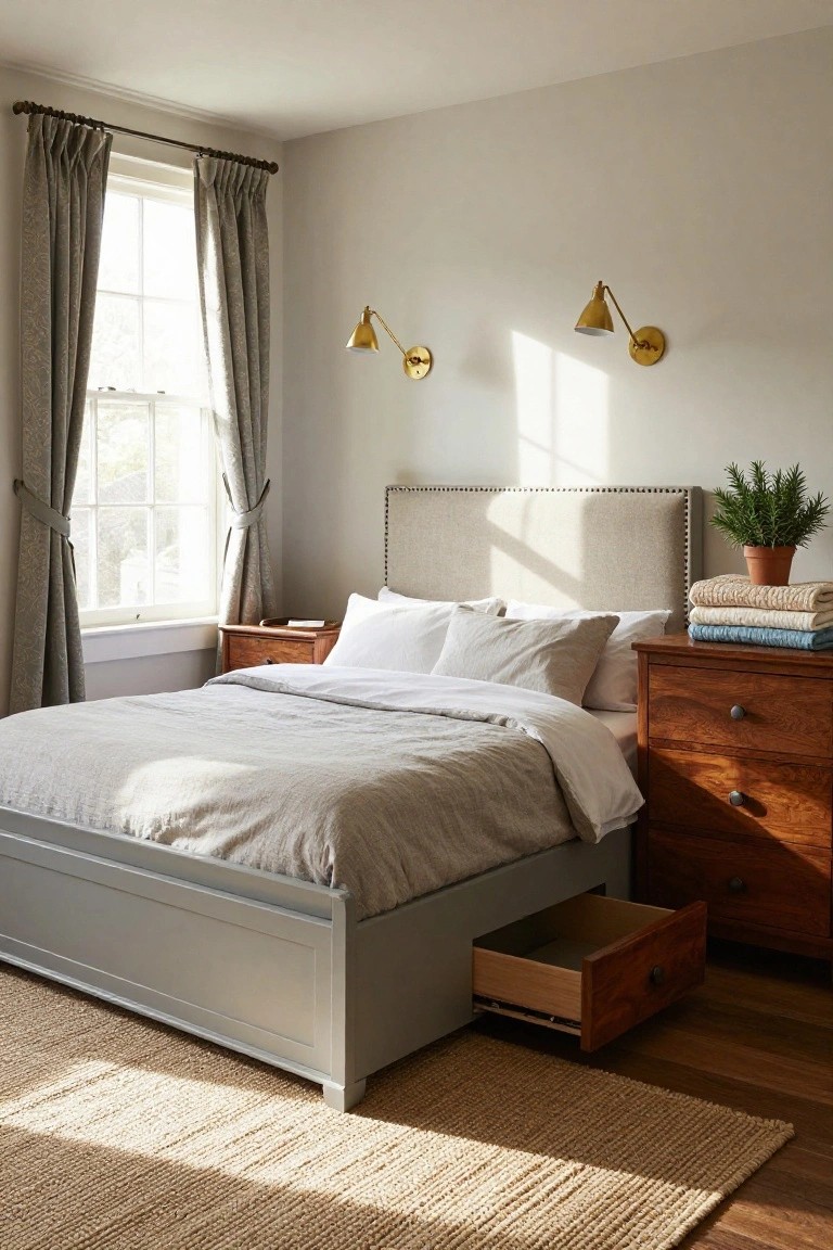 Gray platform bed with white linens and an open wooden storage drawer underneath, next to a wooden dresser with stacked blankets and a potted plant, in a light-filled bedroom with sheer curtains and wall sconces.