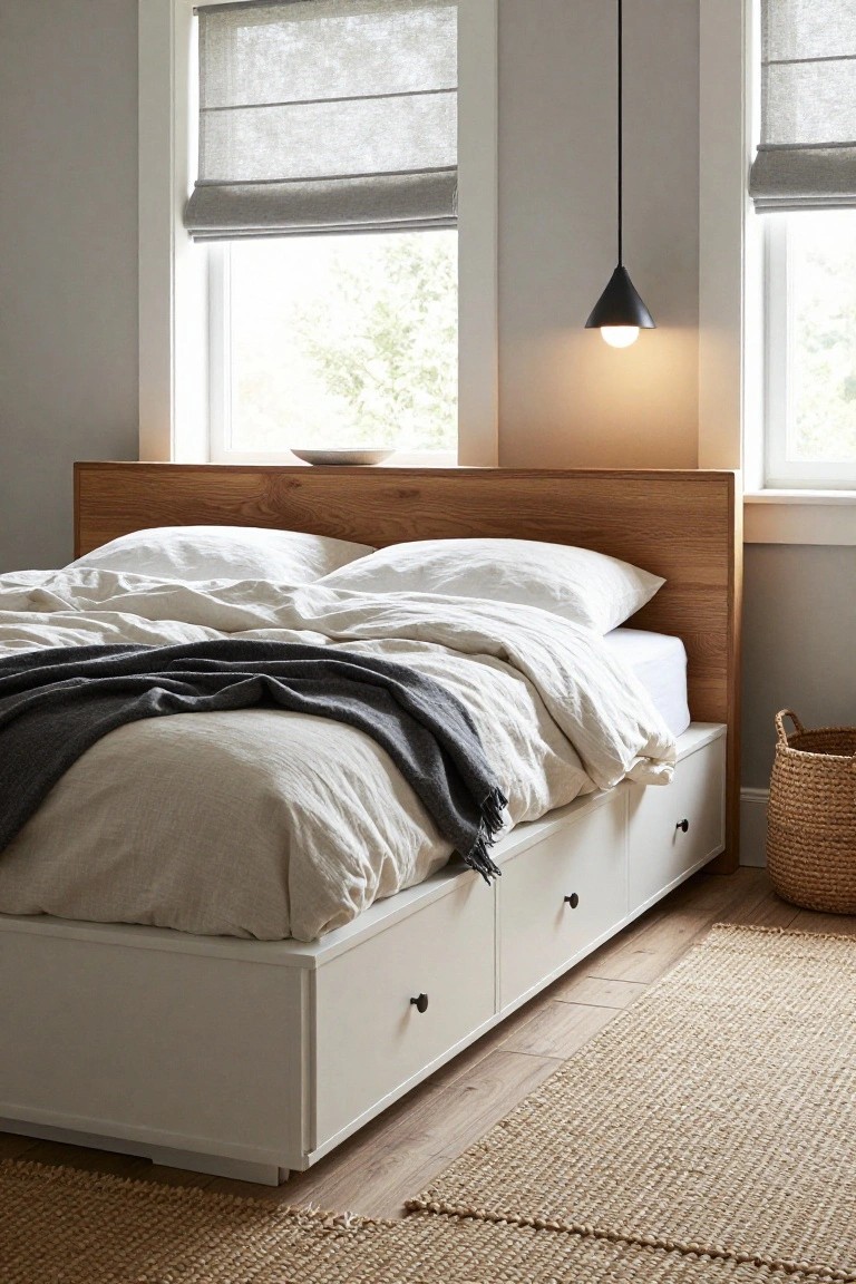 A bedroom with a low wooden headboard platform bed on white base with side storage drawers, rumpled white linens, gray throw, pendant light over windows with shades, seagrass rug, and wicker basket nearby.
