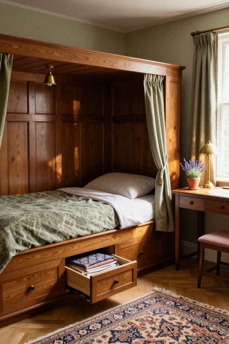 Wooden canopy bed with green curtains and two open drawers underneath containing folded clothes and books, next to a desk with a lavender plant in a pale green bedroom.