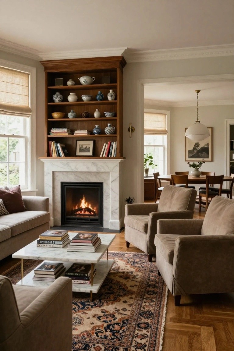 Living room with beige sofa and armchairs grouped around a lit marble fireplace and glass coffee table on a patterned rug, wooden bookshelves nearby, and open view to dining area.