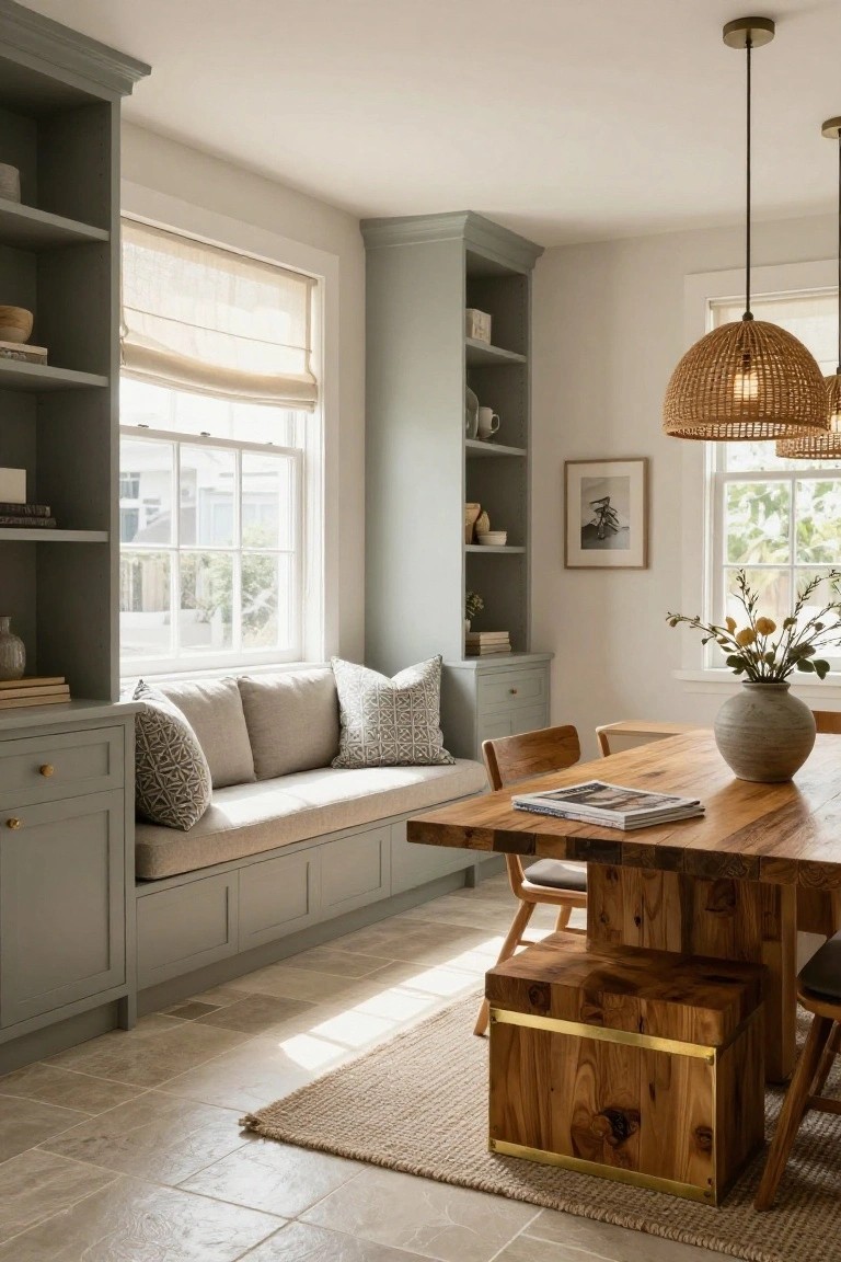 Open kitchen dining area with sage green built-in cabinets and bookshelves framing a white-cushioned bench seat by a large window, paired with a wooden table, woven chairs, and rattan pendant lights over light stone tile floor.