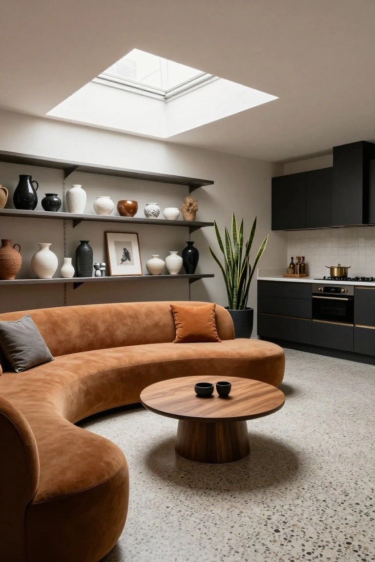 Open-plan interior with curved burnt orange upholstered sofa, round wooden coffee table with black ceramic cups, shelves displaying various pottery vases, tall snake plant, and adjacent matte black kitchen cabinets under a square skylight.