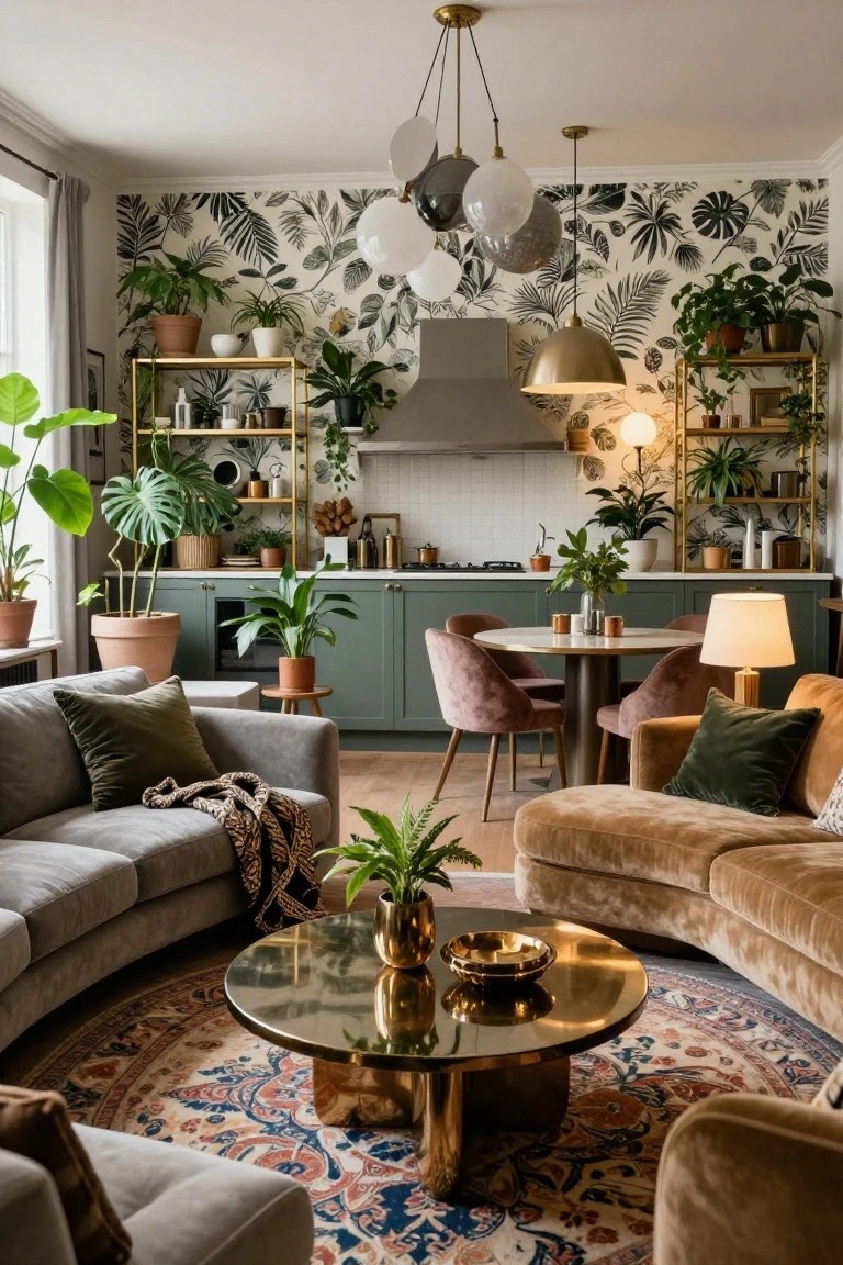 Open-plan living and kitchen space with two curved gray and beige sofas facing a round brass coffee table on a round rug, flanked by potted plants, tropical leaf wallpaper, green cabinets, and pendant lights.
