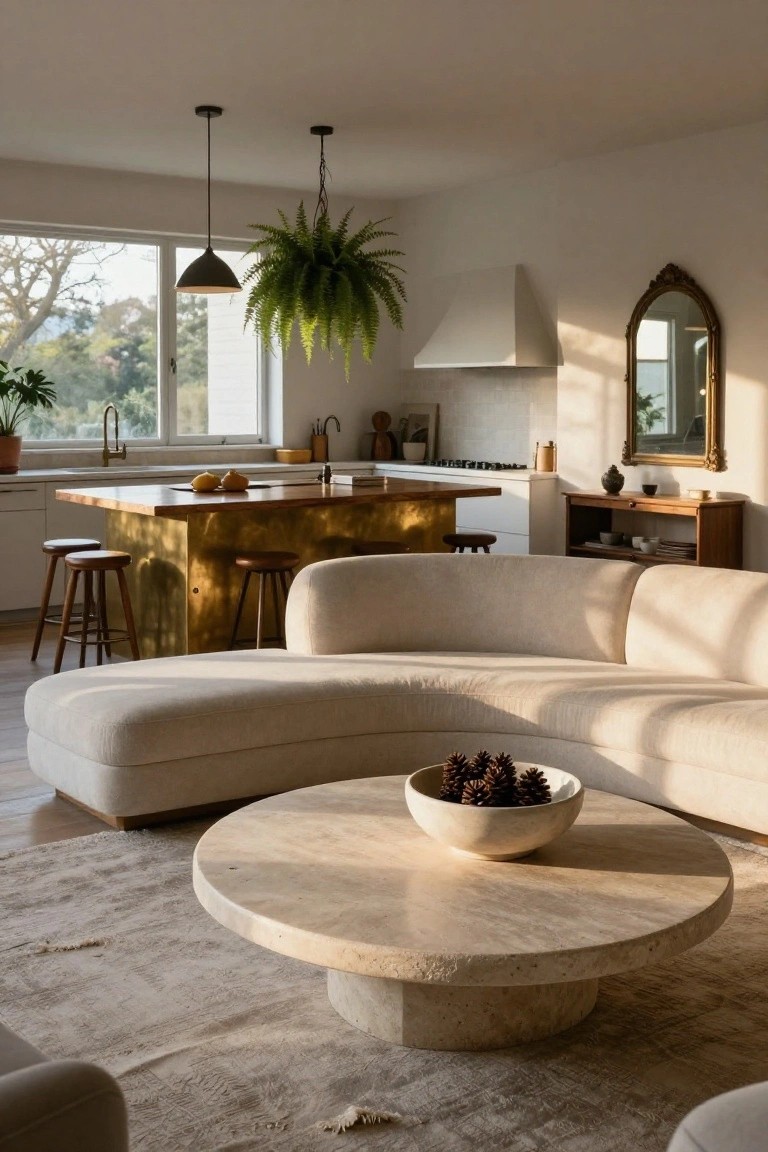 Open-plan kitchen-living room with large curved cream sofa facing a round travertine coffee table holding a bowl of pinecones, brass kitchen island with wood stools, hanging plants, and large windows overlooking trees.