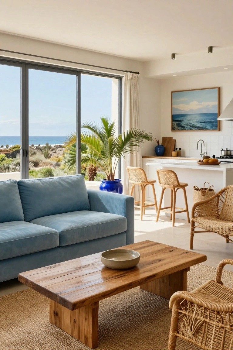 Open-plan living room featuring a low blue velvet sofa facing large sliding glass doors with ocean view, wooden coffee table on rug, rattan armchairs, blue pot with palm plant, and adjacent white kitchen island with rattan bar stools.