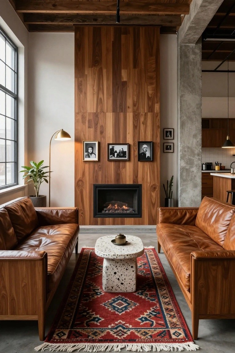 Open-plan living room featuring two brown leather sofas facing each other across a white terrazzo coffee table positioned in front of a gas fireplace with a tall wood-paneled wall, exposed beams overhead, concrete floors, and a kitchen visible in the background.