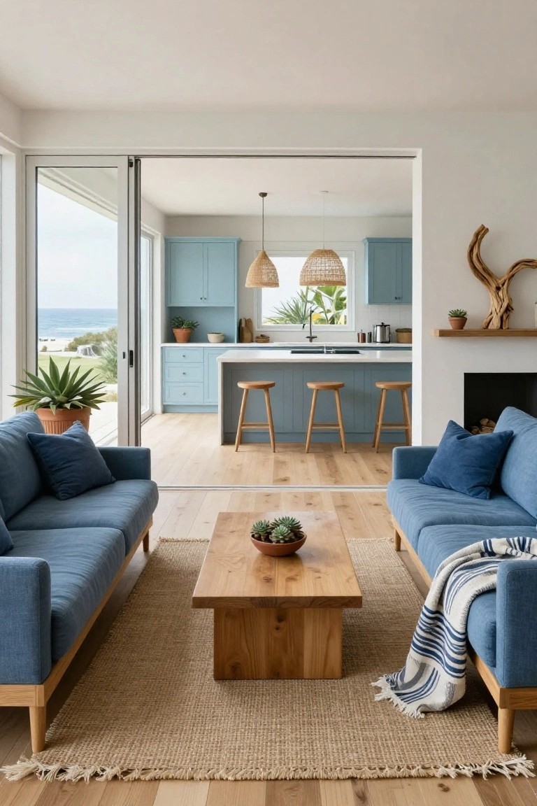 Open-plan living room interior with two blue linen sofas facing each other across a low rectangular wooden coffee table on a seagrass rug, open to a light blue kitchen and sliding glass doors with ocean view.