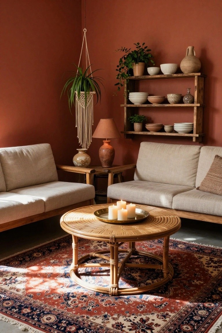 Cozy living room corner with two beige fabric sofas facing each other across a round rattan coffee table on a red and blue Persian-style rug, terracotta walls, wooden shelves with pottery and plants, hanging macrame planter, and candles on the table.