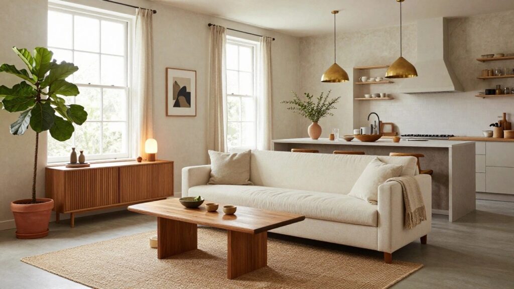 22 Sofa Arrangement Ideas for Open-Plan Homes White sofa against a white wall in a light open-plan living room and kitchen, with wooden coffee table, potted fiddle leaf fig, bar stools at wood kitchen island, beige rug on light wood floors, and large windows with sheer curtains.