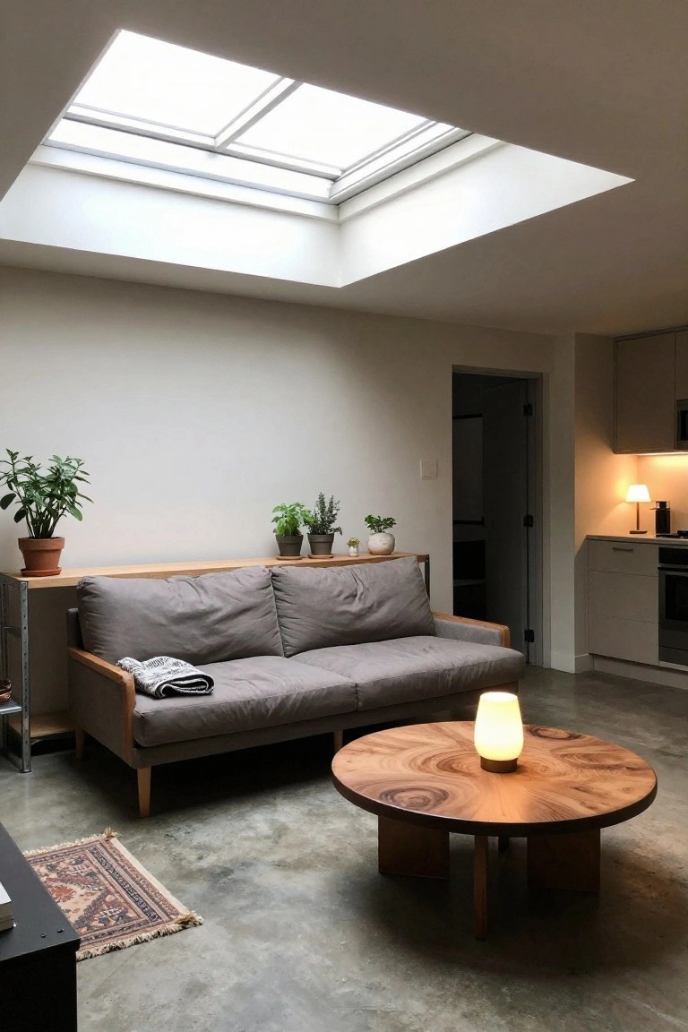 Open-plan interior with low gray sofa against wooden shelf holding plants, round wooden coffee table on concrete floor, small rug nearby, skylight overhead, and kitchen area visible to the side.