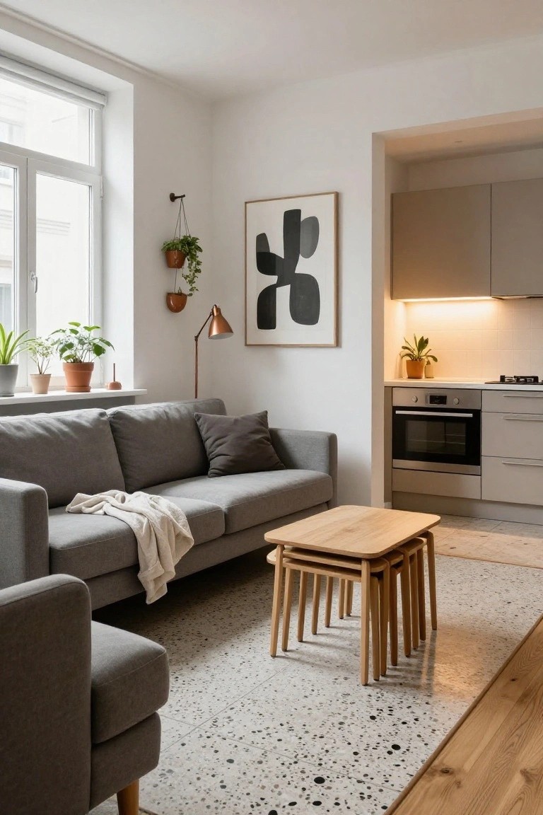 Open-plan living room featuring two gray fabric sofas with a throw blanket, four wooden nesting tables on a speckled terrazzo floor, potted plants near a window, and an adjacent modern kitchen with beige cabinets.