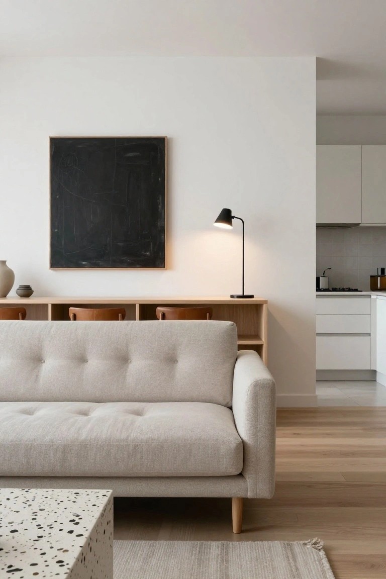 Open-plan living room featuring a light gray fabric sofa positioned in front of a wooden shelving unit with integrated stools, a black abstract painting on the wall above, desk lamp nearby, and white kitchen visible through doorway, with light wood floors and a speckled coffee table.