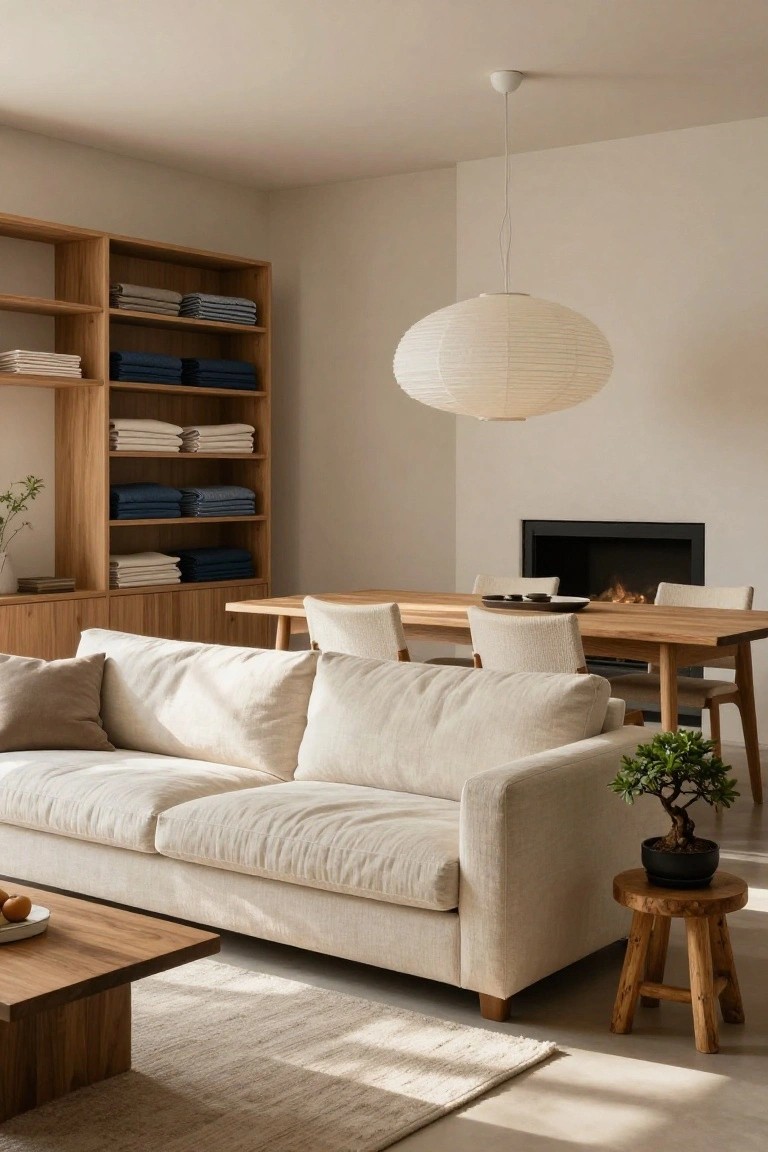 Minimalist living room with beige sofa, wooden dining table, and pendant light.