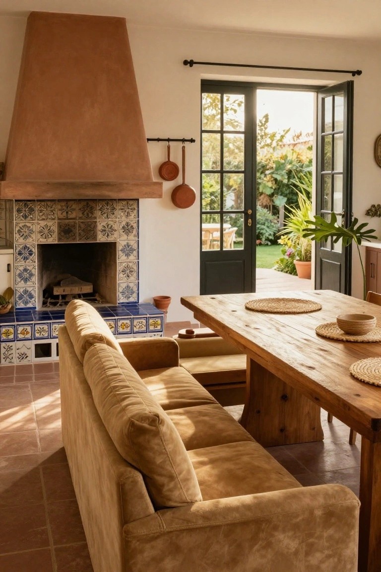 Tan fabric sofa positioned against white wall next to terracotta chimney with blue tiled fireplace surround, wooden dining table nearby, open dark green French doors to garden, terracotta tile floor.
