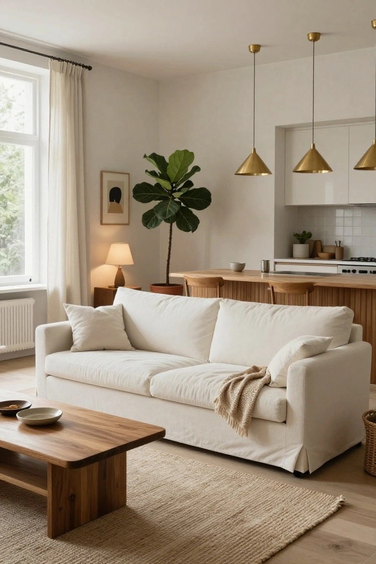 White sofa against a white wall in a light open-plan living room and kitchen, with wooden coffee table, potted fiddle leaf fig, bar stools at wood kitchen island, beige rug on light wood floors, and large windows with sheer curtains.