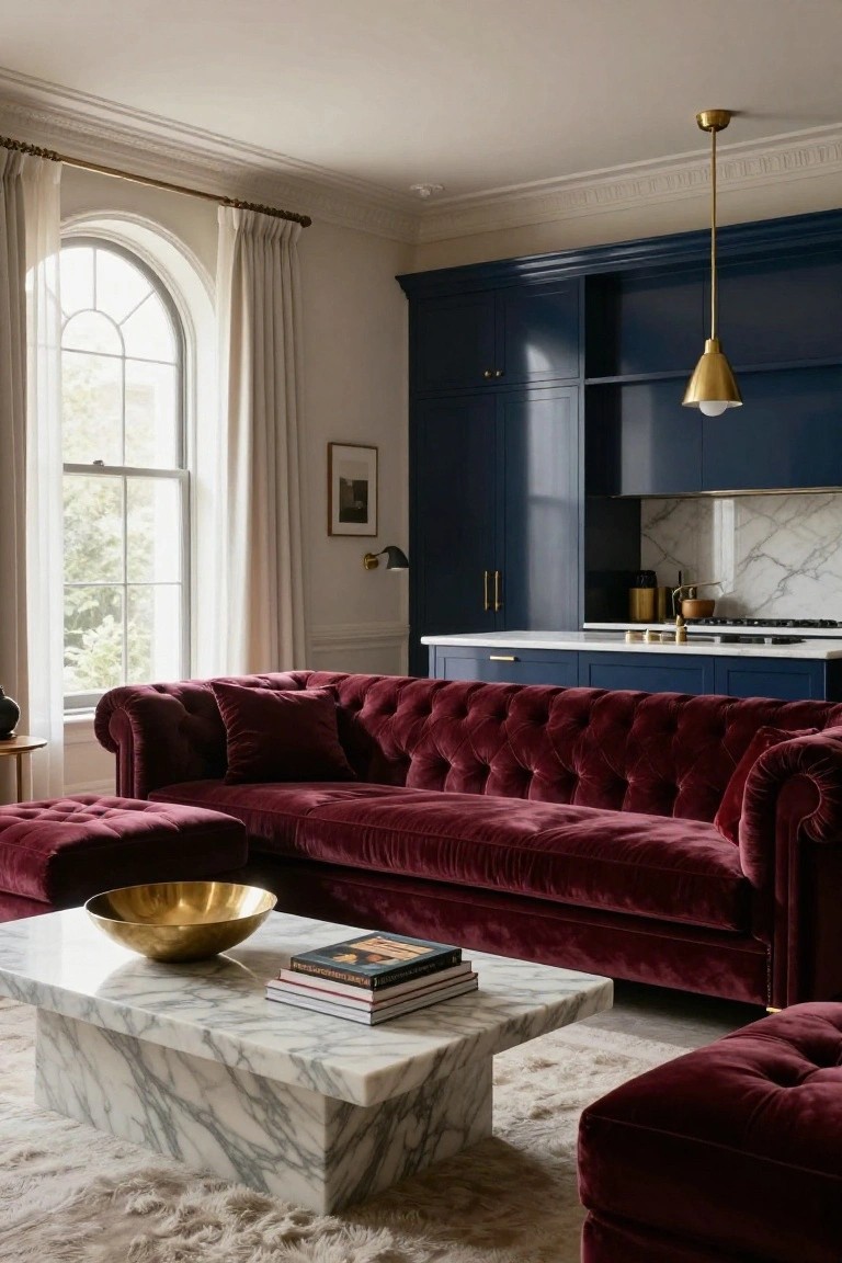 Deep red tufted velvet sofa with pillows and matching ottomans positioned in front of navy blue kitchen cabinets in an open-plan interior, gold bowl and stacked books on white marble coffee table on beige rug.