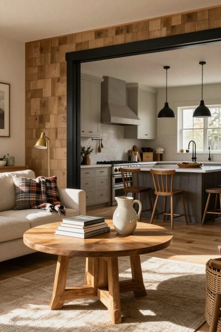 Cozy living room with wooden coffee table opening to modern kitchen.