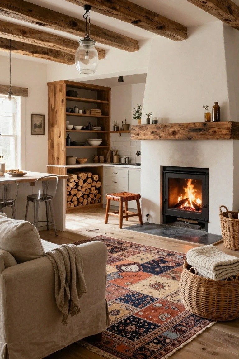 Open-plan living-kitchen interior with exposed wooden beams, a white fireplace with burning logs and wooden mantel, beige linen sofa on a colorful patterned rug, wooden stools, firewood stack, and white cabinetry.