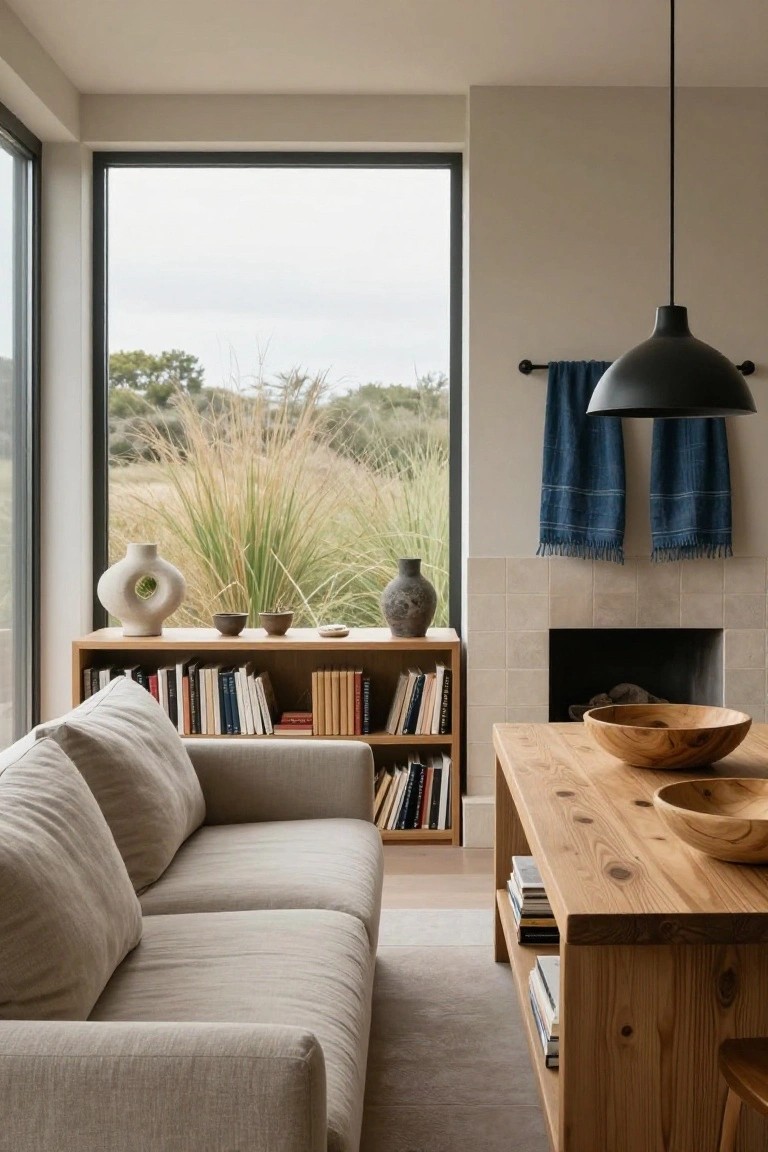Beige sofa in a light-colored living room facing a large black-framed window with view of tall grasses, flanked by wooden bookshelves, low wooden table with bowls, and tiled fireplace.