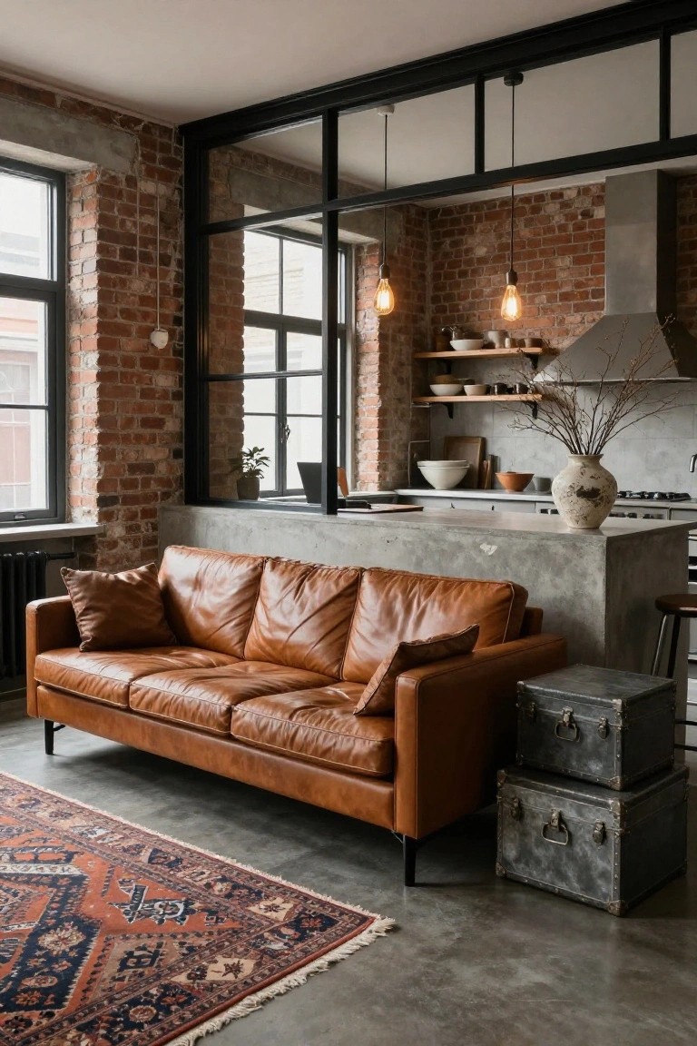 Open-plan interior with a brown leather three-seater sofa positioned directly against a concrete kitchen island, exposed brick walls, metal pendant lights, and a colorful rug on the floor.