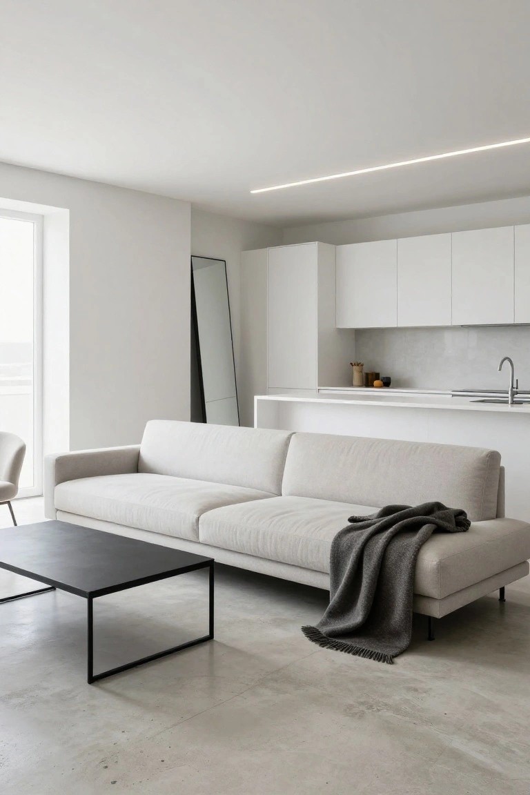 Modern minimalist living room with white sofa, black coffee table, and sleek kitchen.