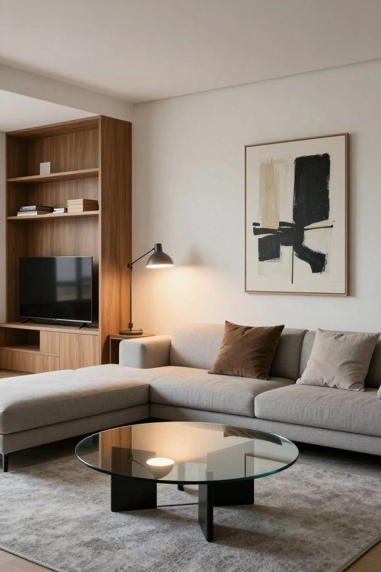 Modern living room with gray sectional, round glass coffee table, and abstract wall art.