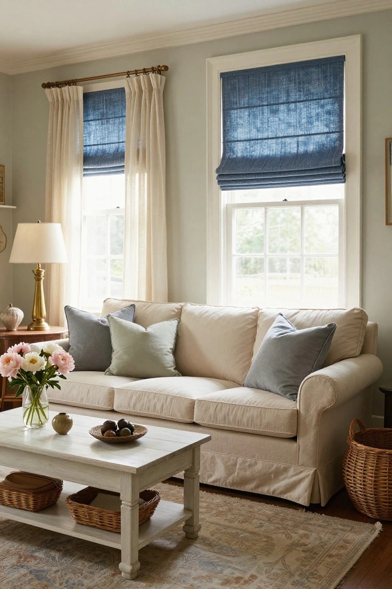 Cream slipcovered sofa with gray-blue and light green pillows on a low white coffee table holding a vase of pink peonies, wicker baskets, and figs in a pale gray living room with blue roman shades at the windows.
