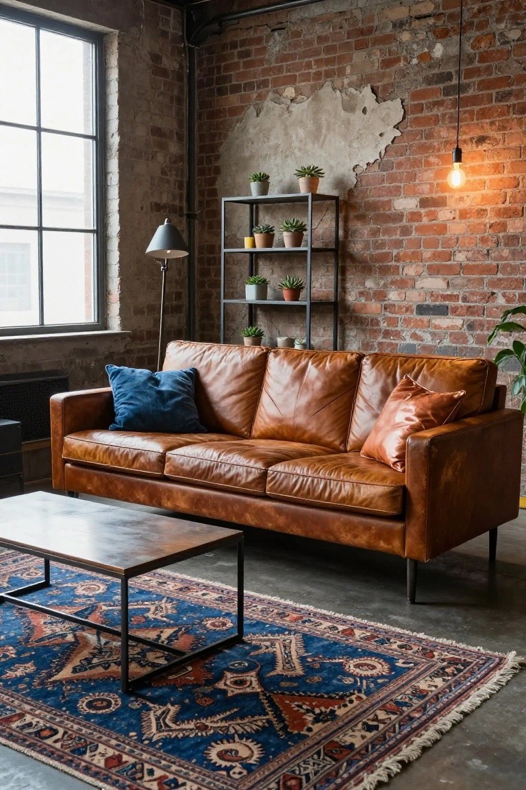 Tan leather sofa with deep blue and peach throw pillows in an industrial room with exposed brick walls, metal shelving with plants, black metal coffee table on a blue patterned rug, and warm pendant lighting.