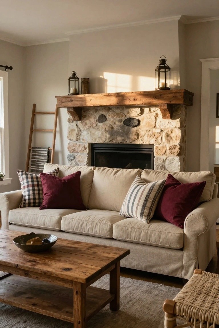 Cream slipcovered sofa with burgundy velvet pillows, plaid pillows, and striped pillows in a living room with stone fireplace, wooden coffee table, lanterns, and ladder.