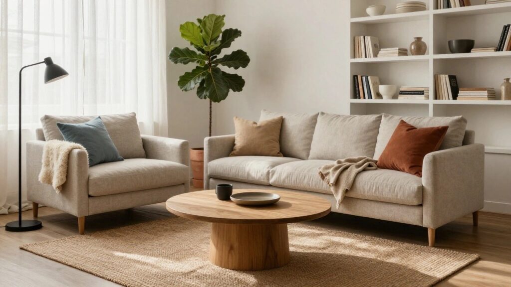 22 Sofa Pillow Color Scheme Ideas for a Cohesive Palette Beige linen sectional sofa with blue and rust pillows, a wooden coffee table, fiddle leaf fig plant, black floor lamp, and built-in white shelves in a light corner room.