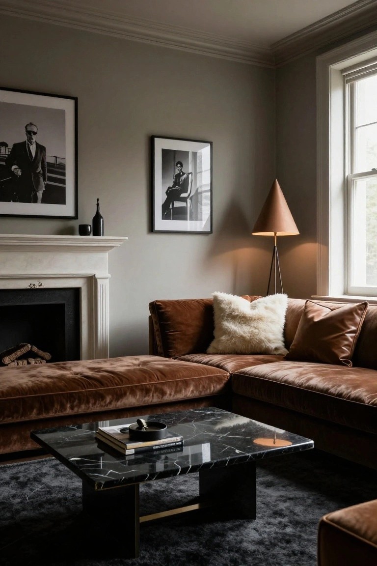 Living room corner with L-shaped terracotta velvet sofa topped by white fluffy pillows and brown leather cushions, black marble coffee table, marble fireplace, cone lamp, and black-and-white framed photos on gray walls.