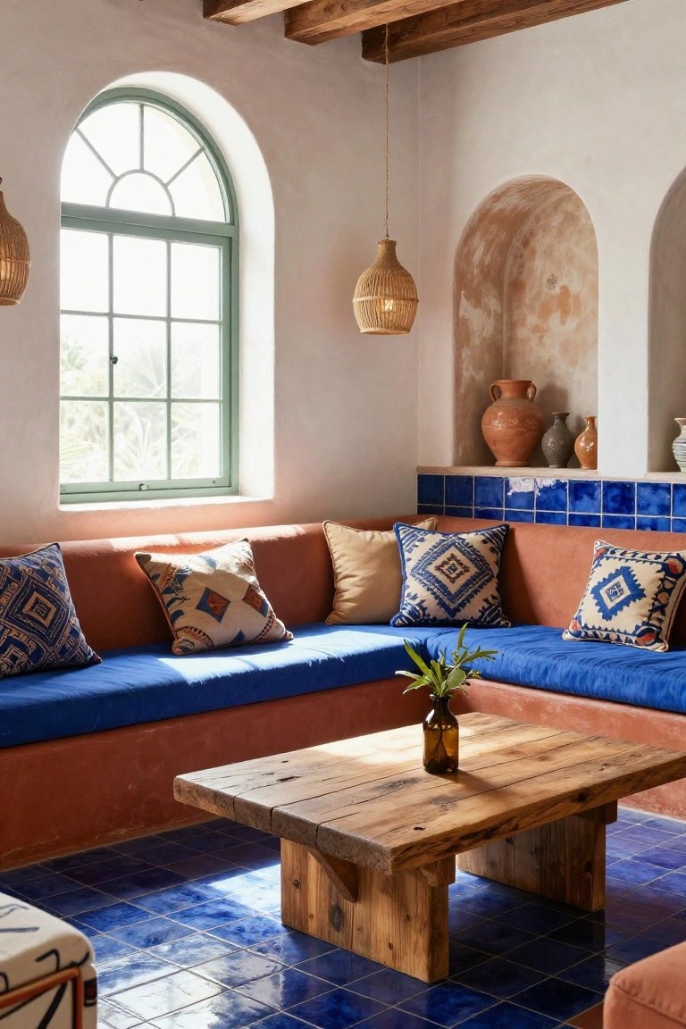 Indoor seating area with low blue sofa topped by patterned pillows in terracotta, blue, and cream, wooden coffee table, blue tiled floor, arched walls with pottery, and green window.