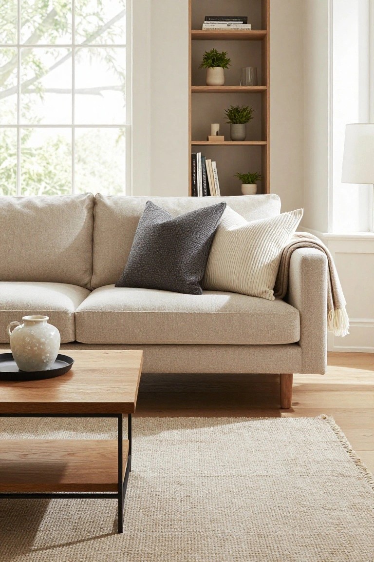 Cream fabric sofa with dark gray textured pillow, white striped pillow, and cream pillows in a light living room with oak bookshelf, wooden coffee table, and large window.