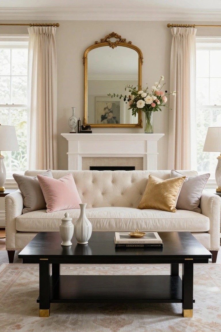 Cream tufted sofa with gray, pink velvet, and gold velvet pillows centered on a black coffee table in a beige living room with white fireplace, gold mirror, and sheer curtained windows.