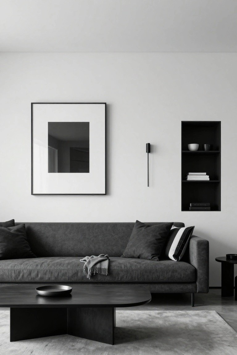 Minimalist living room with dark gray sofa topped by black pillows and one black-and-white striped pillow, black coffee table holding a black bowl, large empty black frame on white wall, black wall light, and recessed black shelf with white bowls and stacked books.