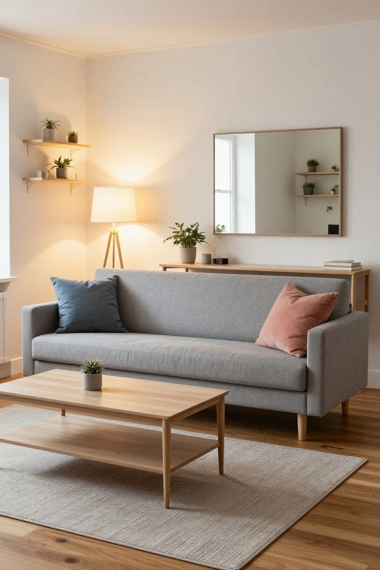 Modern living room with gray sofa, wooden coffee table, and warm lighting.