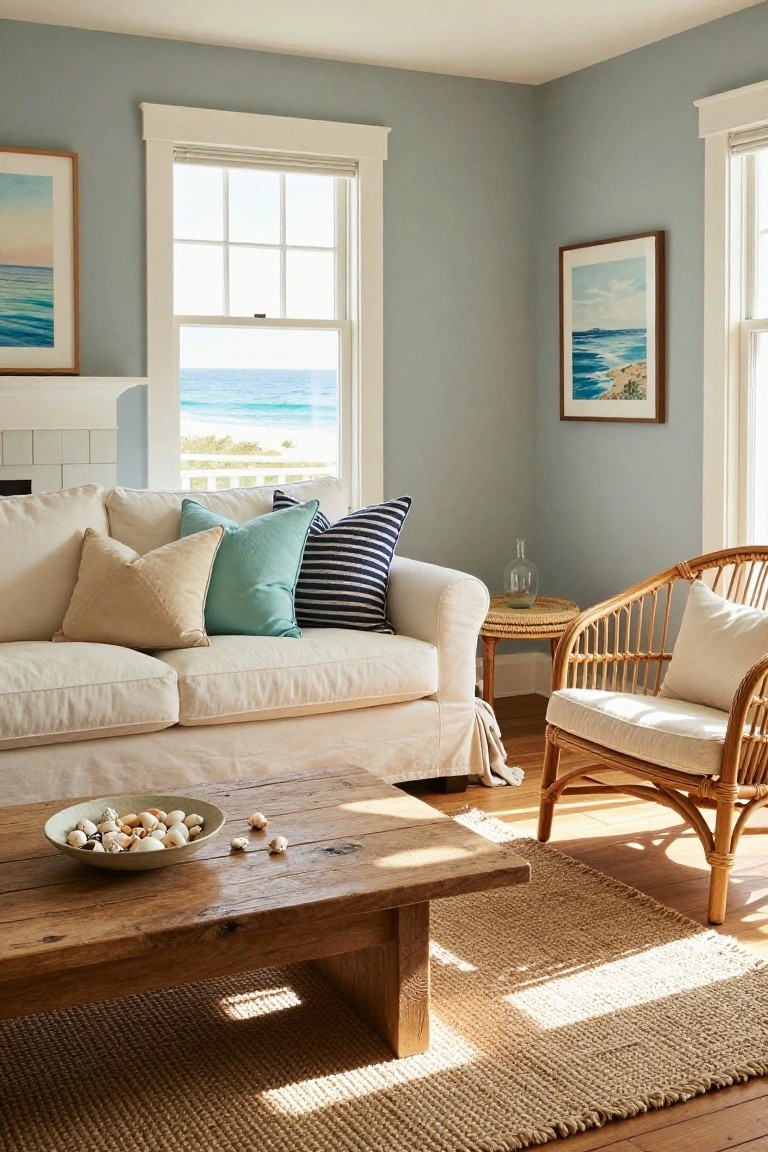 Light gray living room with white slipcovered sofa stacked with cream, teal, and navy striped pillows, wooden coffee table topped with seashell bowl, rattan armchair, seagrass rug, and large windows showing ocean view.