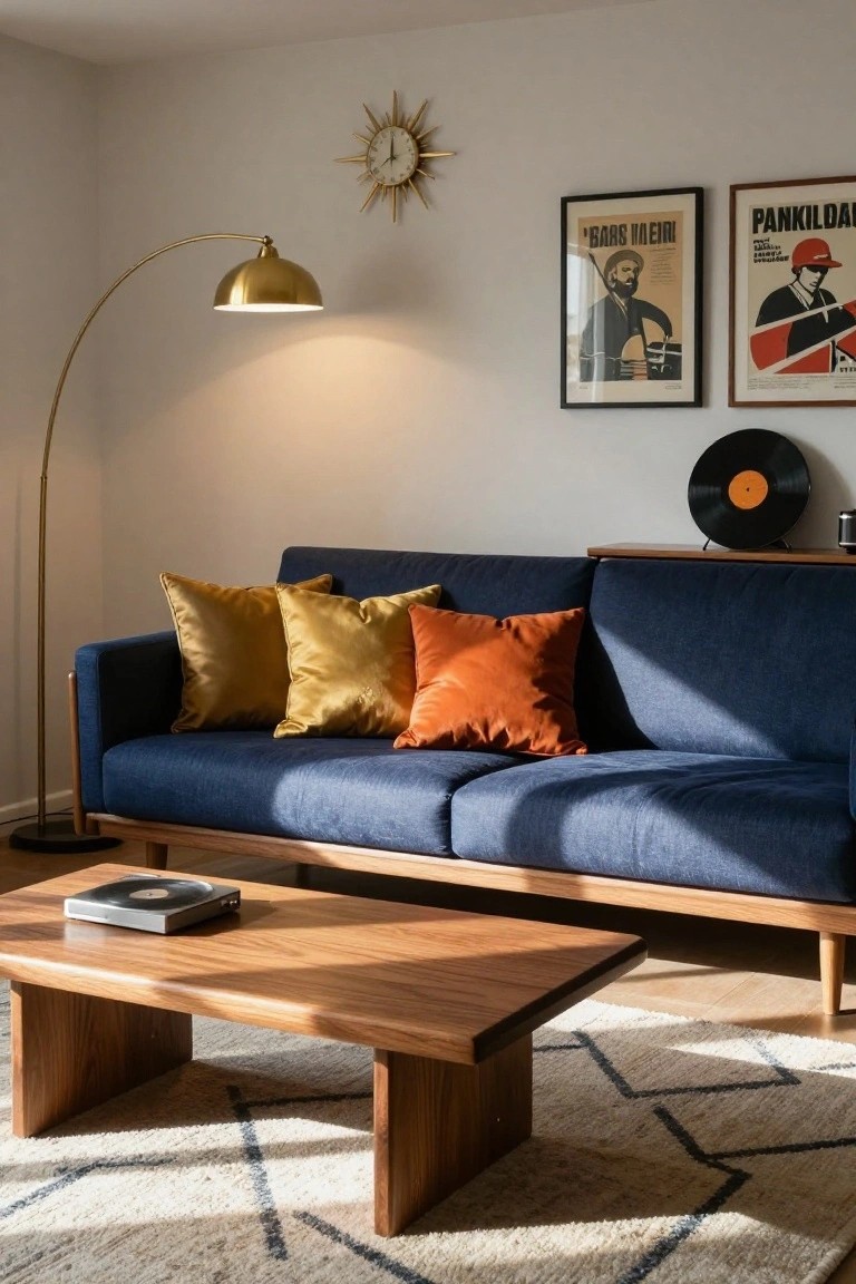 Navy blue sofa with gold satin pillows, orange velvet pillows, wooden coffee table, gold arc lamp, posters, and vinyl records on a side table in a living room.