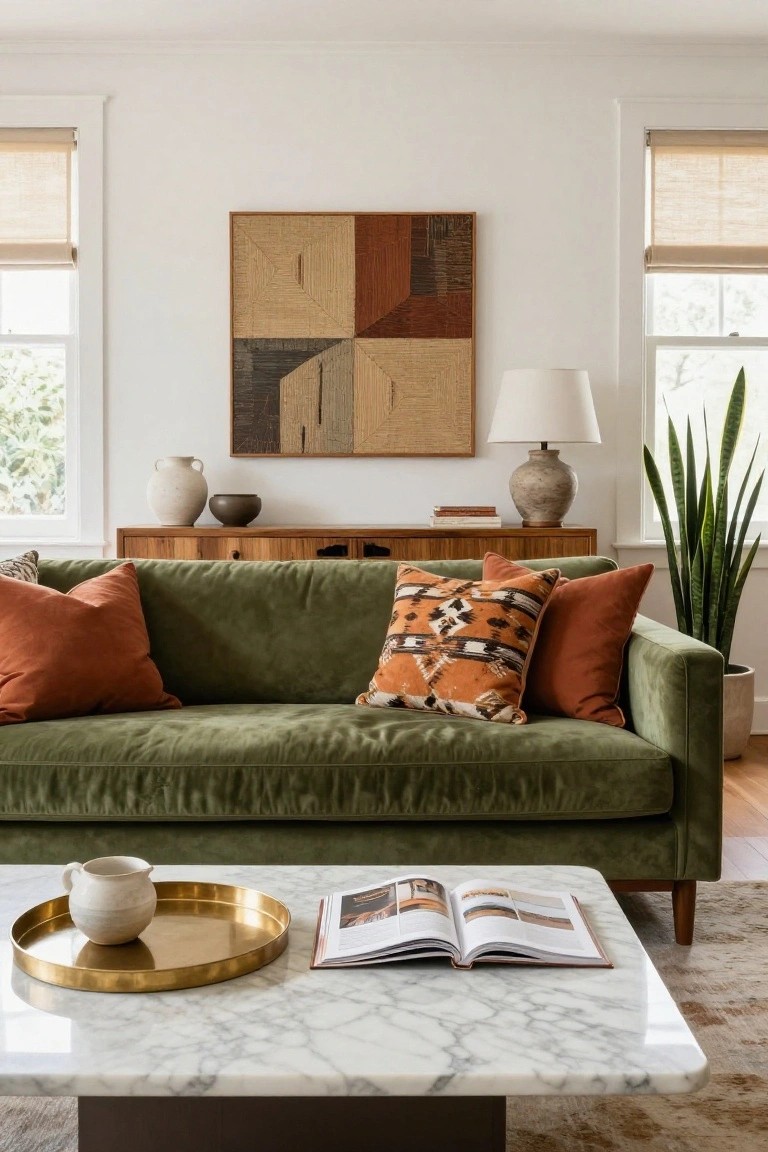 Green velvet sofa with orange terracotta pillows including a patterned one, wood credenza with ceramics, marble coffee table with book and tray, lamp, artwork, and potted plant in a white-walled living room.