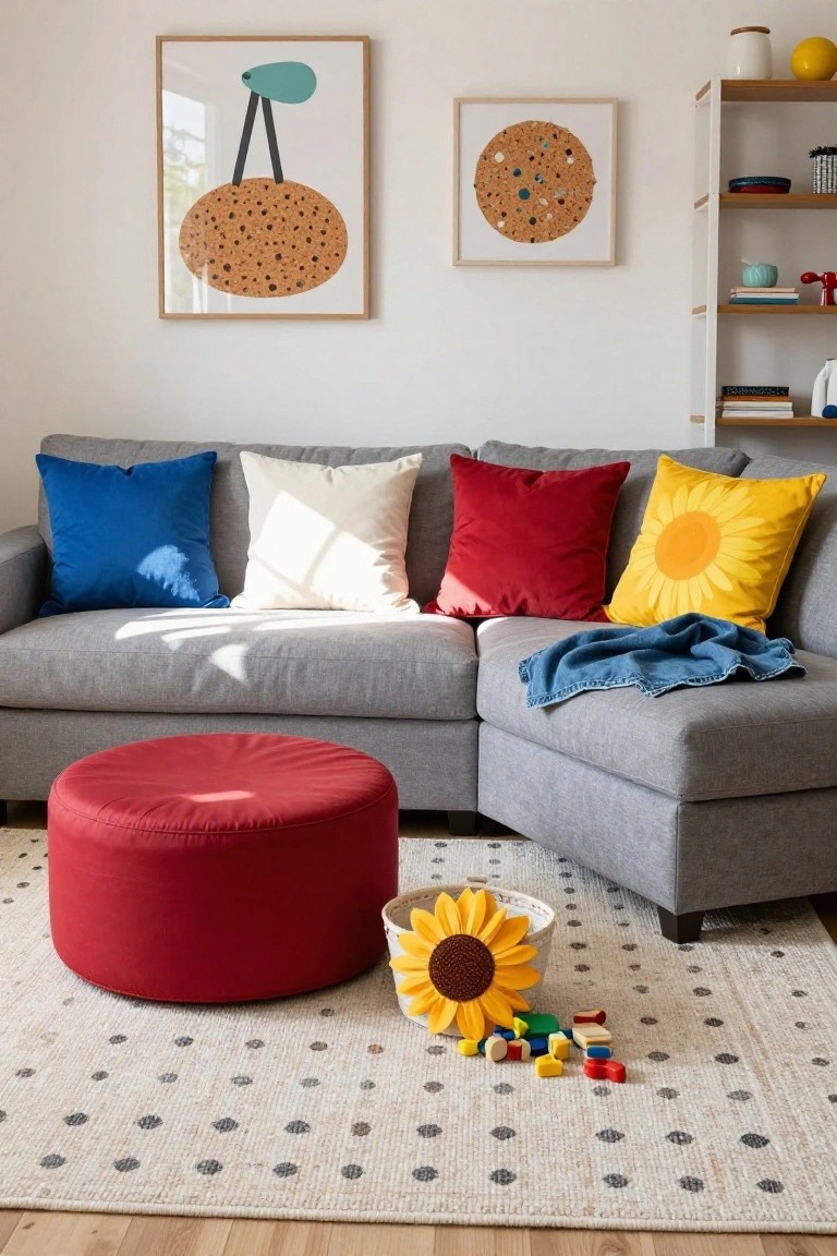 Gray L-shaped sofa with blue, white, red, and yellow pillows including sunflower designs, red pouf ottoman, scattered toys, and polka-dot rug in a sunlit living room with colorful wall art and bookshelf.
