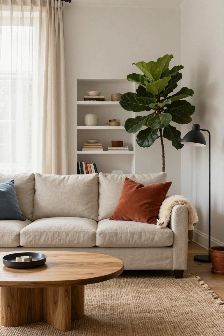 Beige linen sectional sofa with blue and rust pillows, a wooden coffee table, fiddle leaf fig plant, black floor lamp, and built-in white shelves in a light corner room.