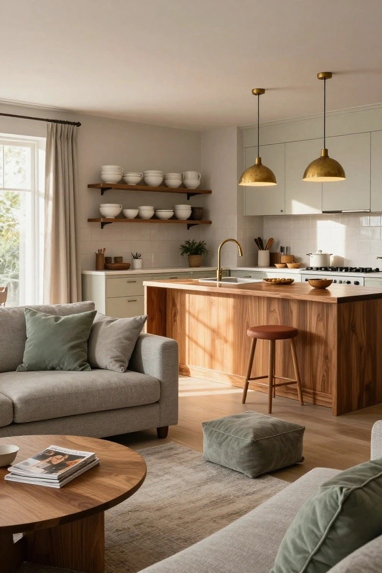 Light gray sofa with sage green pillows in an open-plan kitchen-living room featuring a wooden island, brass pendant lights, and large windows with sheer curtains.