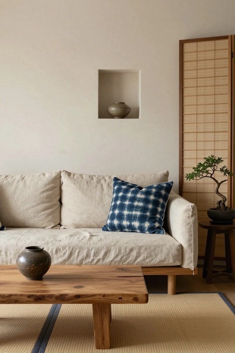 A minimalist Japanese-style living room with a low cream linen sofa holding a navy shibori patterned pillow, a wooden coffee table with black vase, bonsai plant on wood stand, shoji screen, wall niche with gray vase, beige walls, and tatami rug.